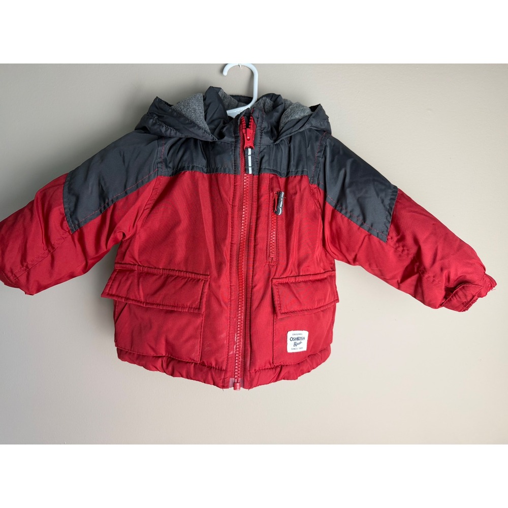 OshKosh Bgosh Baby Boy Red Gray Fleece Lined Hooded Puffer Winter Jacket 12M